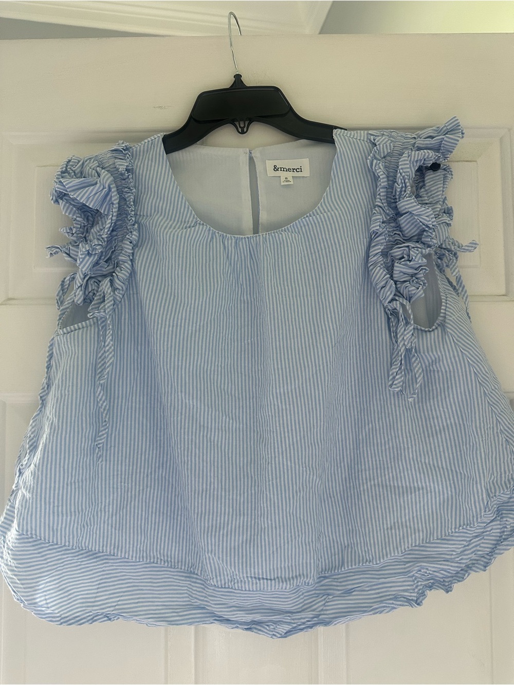&merci Light Blue Striped Ruffle Sleeve Blouse
